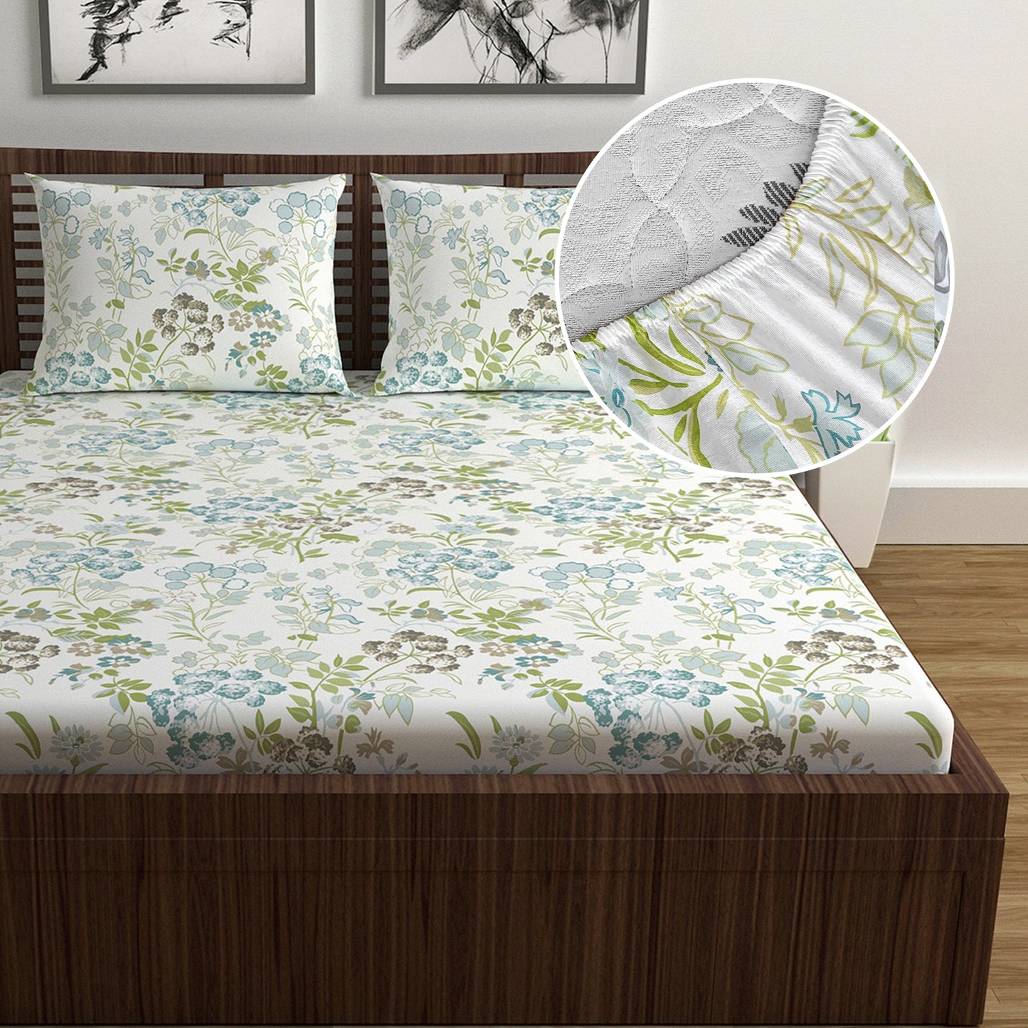 Aqua Green Floral Print Elastic Fitted Combo Bedsheet For Double Bed