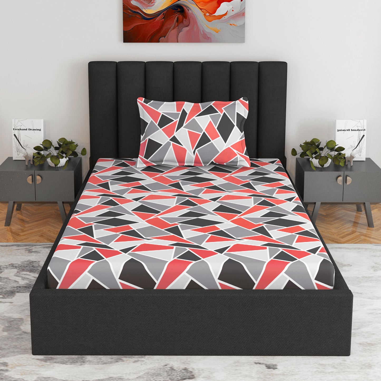 Triangle Red and Grey Print Single Fitted Bedsheet