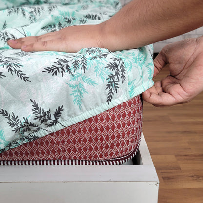 Aqua Mist Floral 144 TC Cotton King Fitted Bedsheet With 2 Pillowcovers