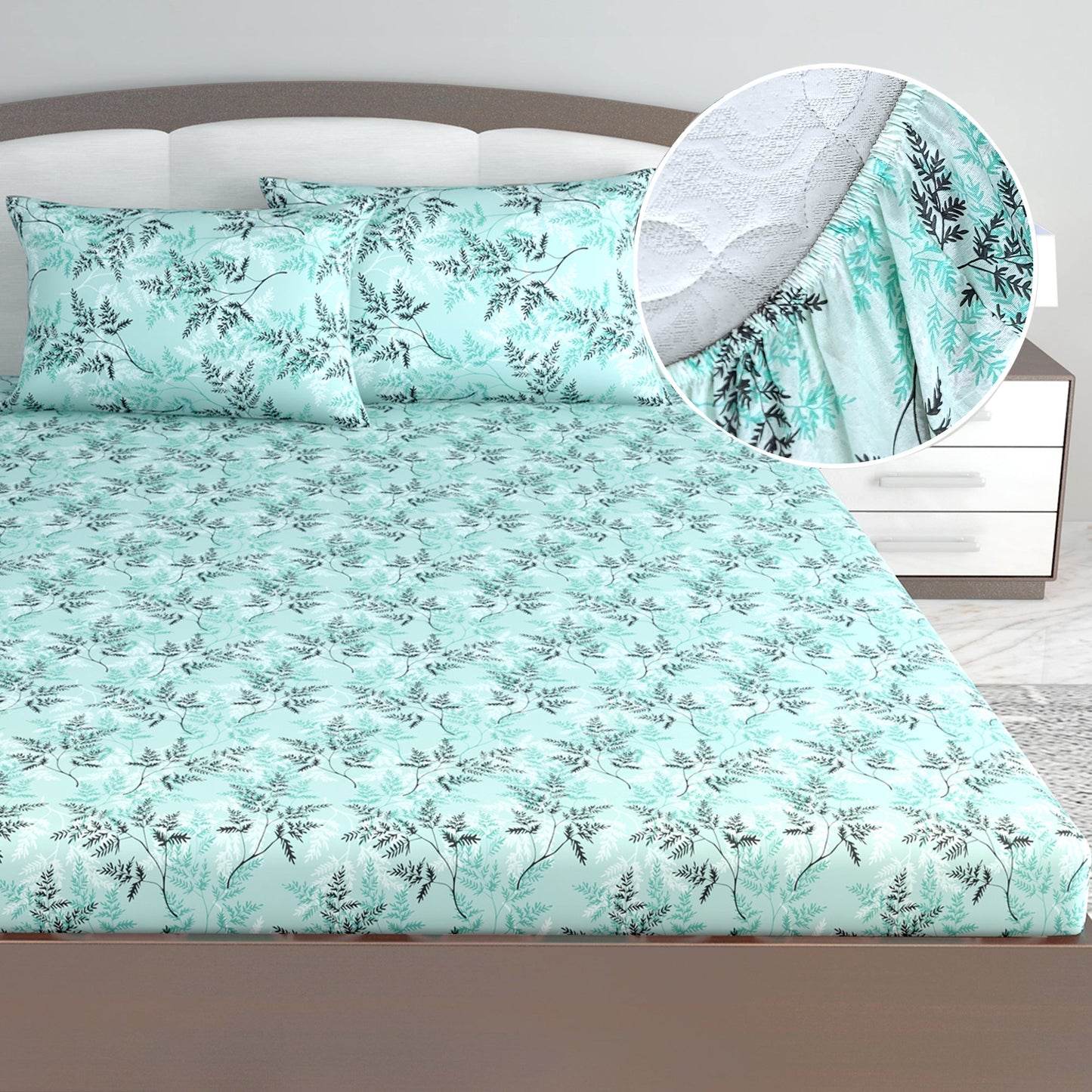 Aqua Mist Floral 144 TC Cotton King Fitted Bedsheet With 2 Pillowcovers