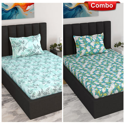 Green and Blue Floral Print Elastic Fitted Combo Bedsheet For Single Bed