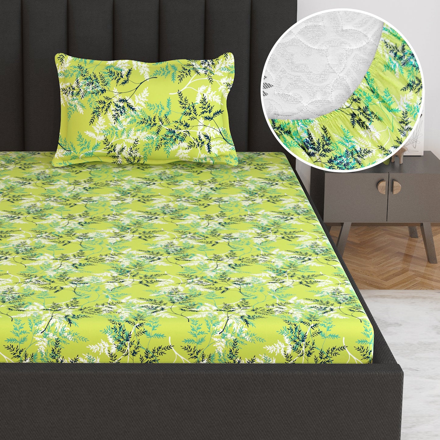 Lady Fern Floral Lime Green Elastic Fitted Bedsheet For Single Bed