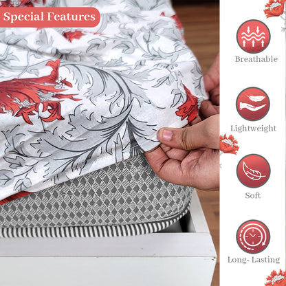 Tulip Floral Elastic Fitted Bedsheet for King Size Bed - Grey and Red