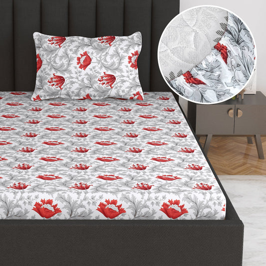 Tulip Floral Elastic Fitted Bedsheet for Single Bed - Grey and Red