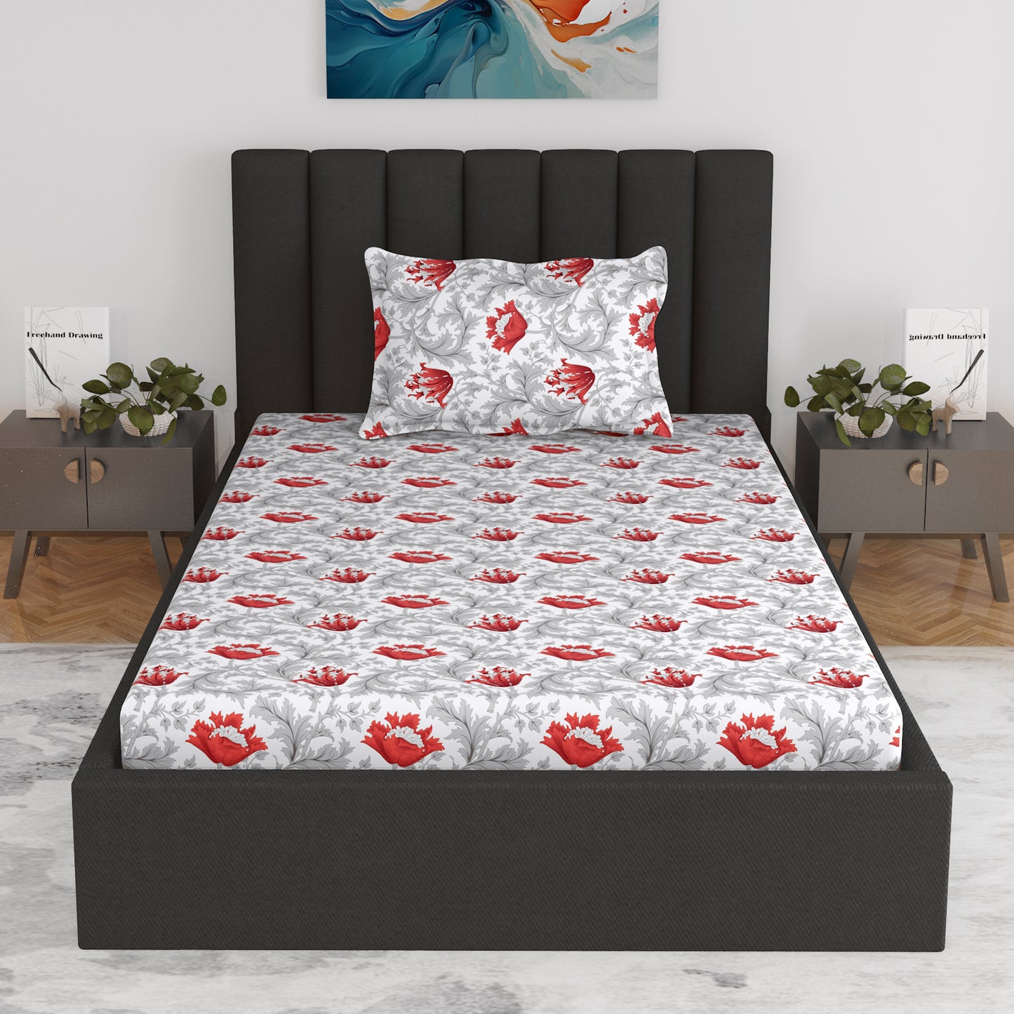 Tulip Floral Elastic Fitted Bedsheet for Single Bed - Grey and Red