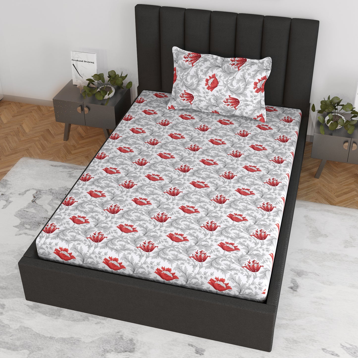 Tulip Floral Elastic Fitted Bedsheet for Single Bed - Grey and Red