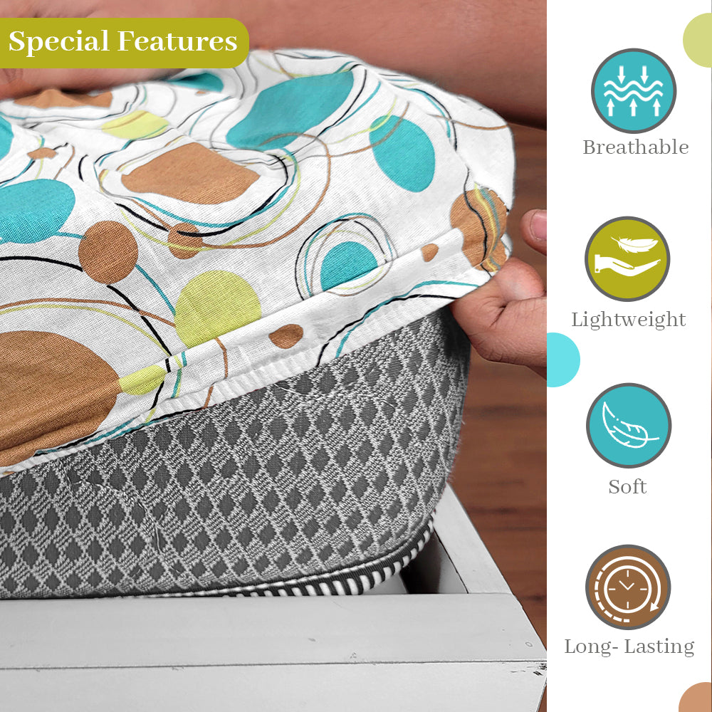 Doodle Round Printed Cotton Elastic Fitted Bedsheet For Double Bed