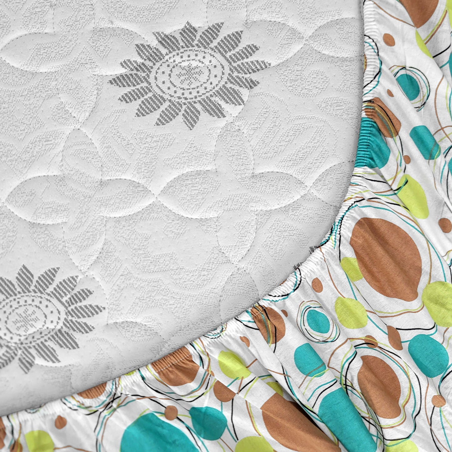 Doodle Round Printed Cotton Elastic Fitted Bedsheet For Single Bed