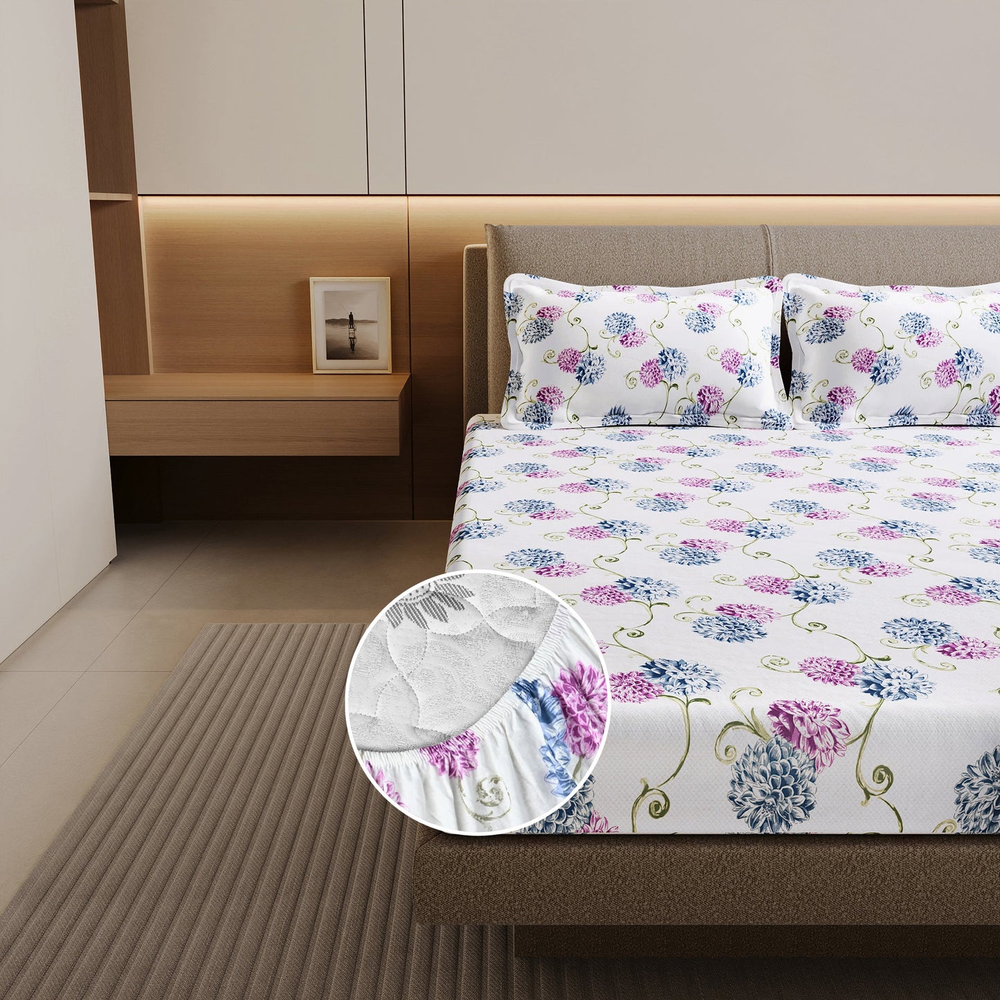 Blue Pink Floral Cotton Elastic Fitted Double Bedsheet