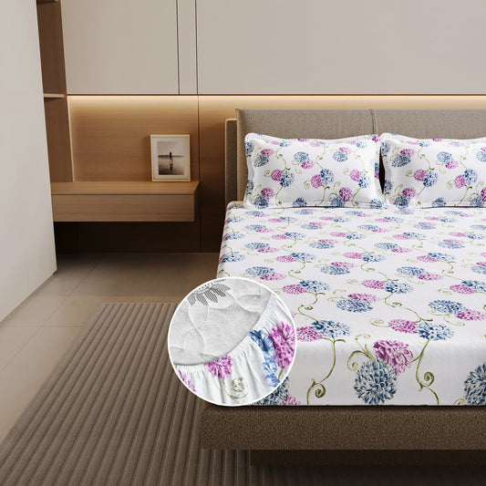 Blue Pink Floral Cotton Elastic Fitted Double Bedsheet
