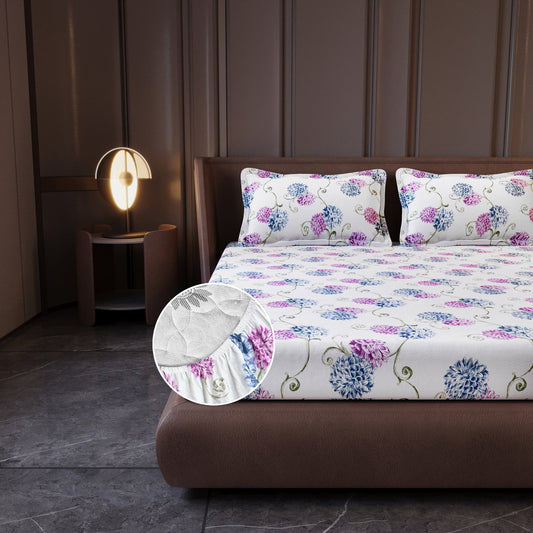Blue Pink Floral Cotton Elastic Fitted King Bedsheet