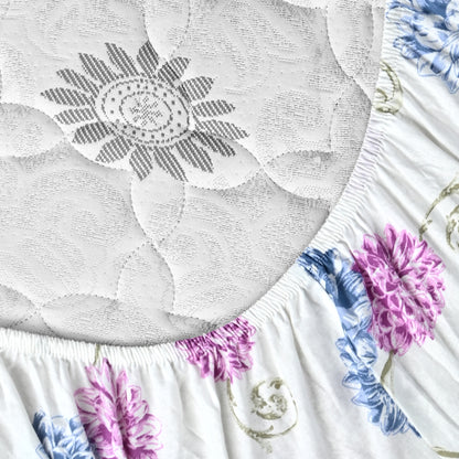 Blue Pink Floral Cotton Elastic Fitted King Bedsheet