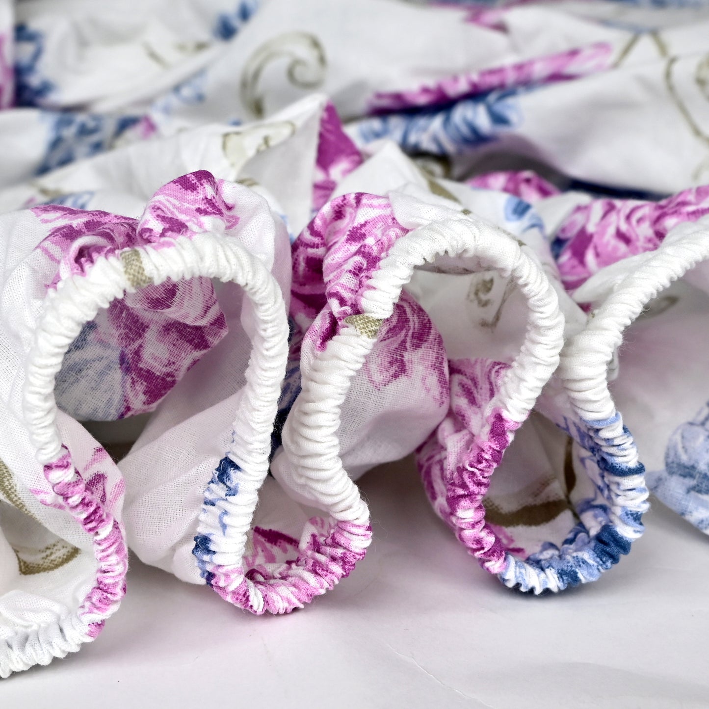 Blue Pink Floral Cotton Elastic Fitted King Bedsheet