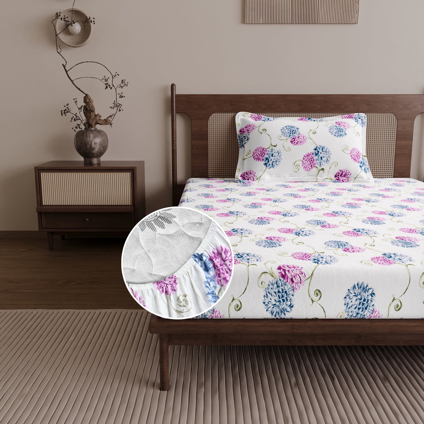 Blue Pink Floral Cotton Elastic Fitted Single Bedsheet