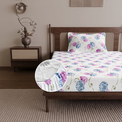 Blue Pink Floral Cotton Elastic Fitted Single Bedsheet