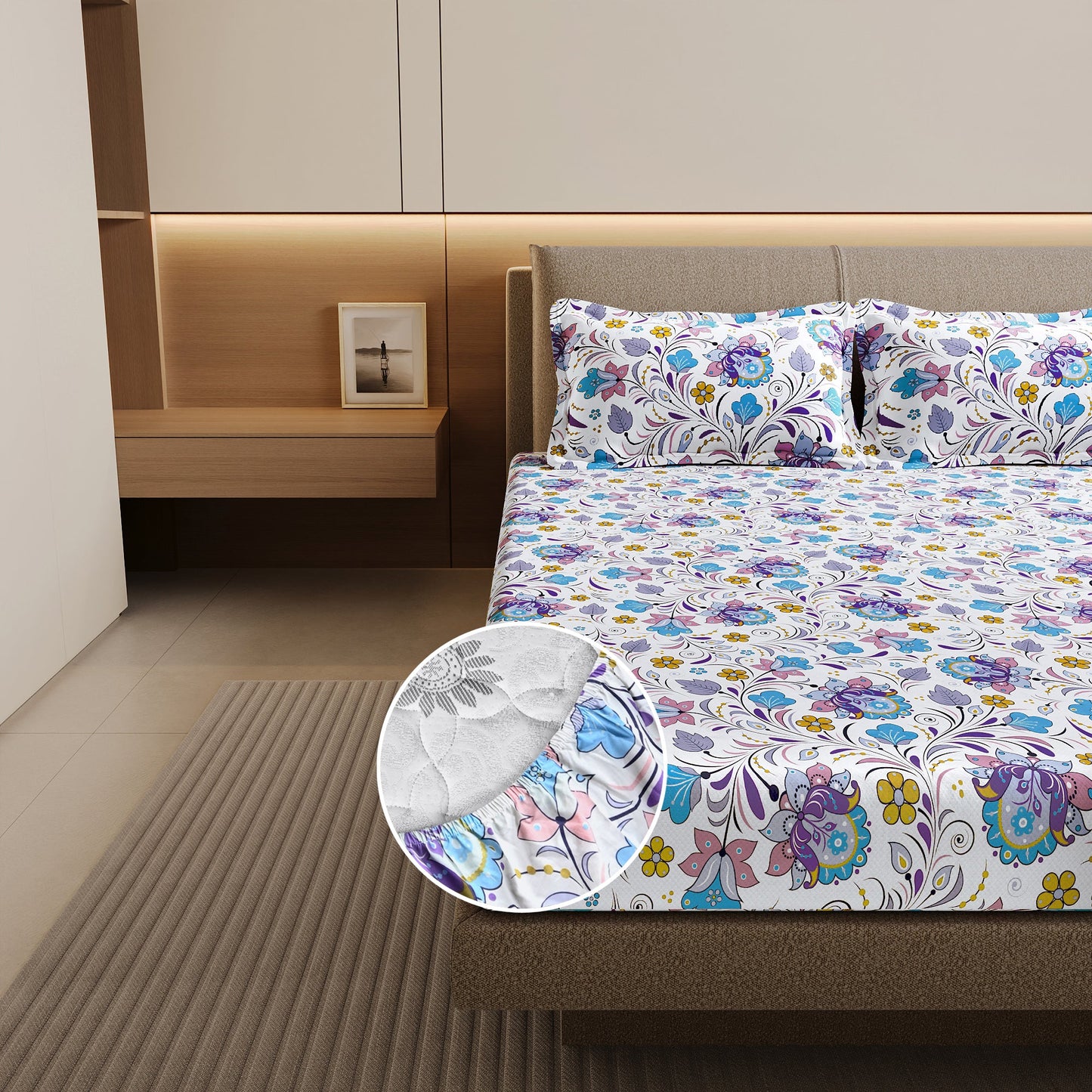 Purple Blue Floral Cotton Elastic Fitted Double Bedsheet