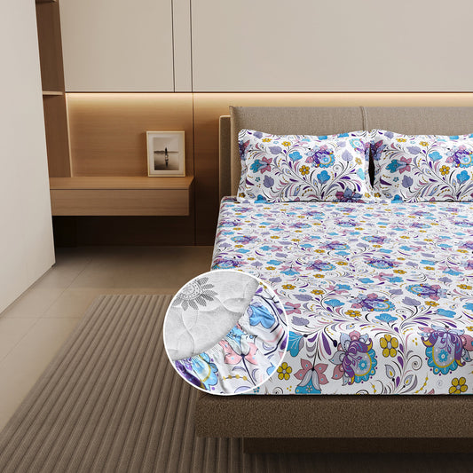 Purple Blue Floral Cotton Elastic Fitted Double Bedsheet