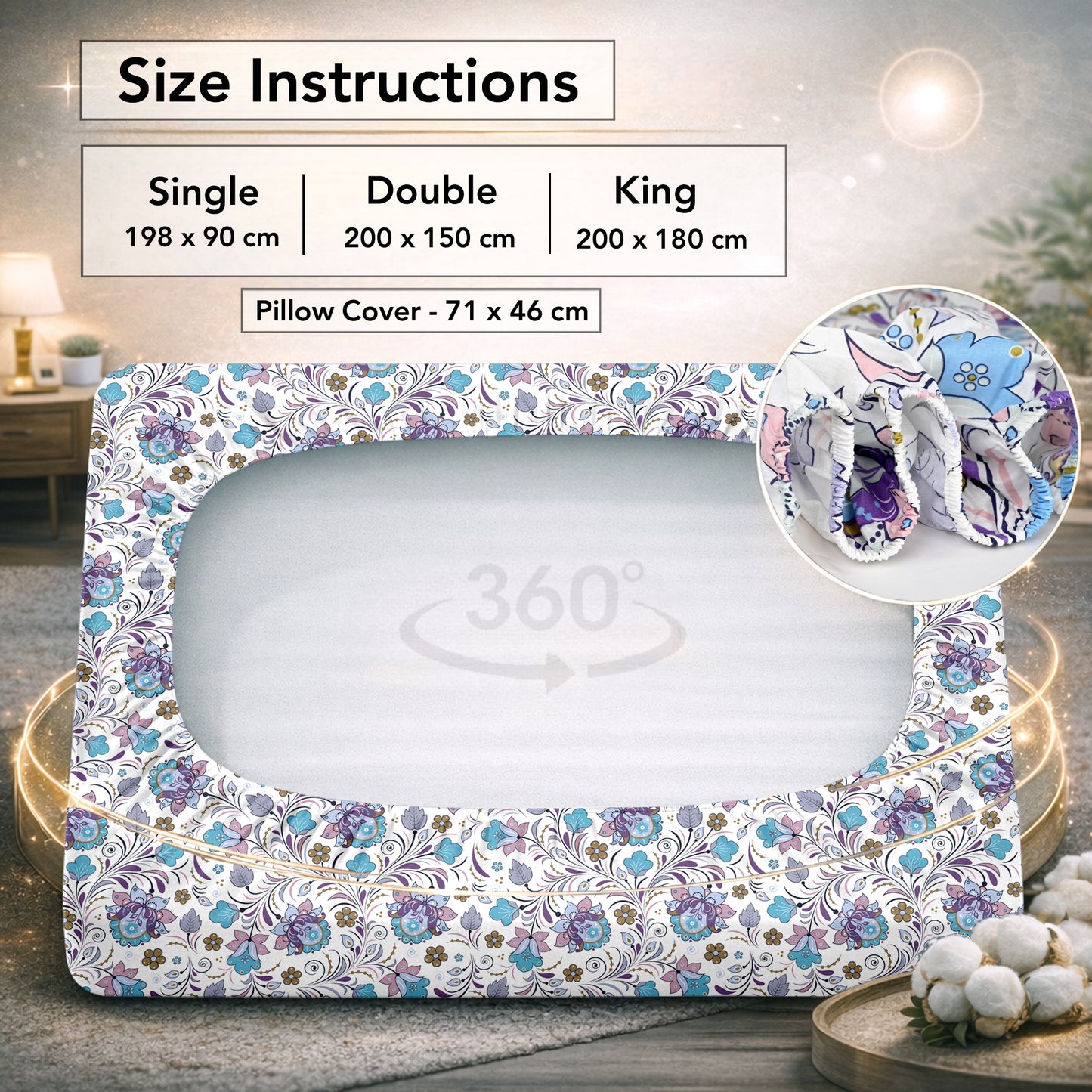 Purple Blue Floral Cotton Elastic Fitted Double Bedsheet