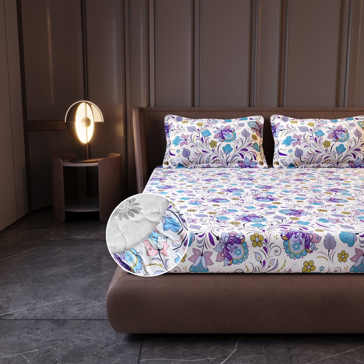 Purple Blue Floral Cotton Elastic Fitted King Bedsheet