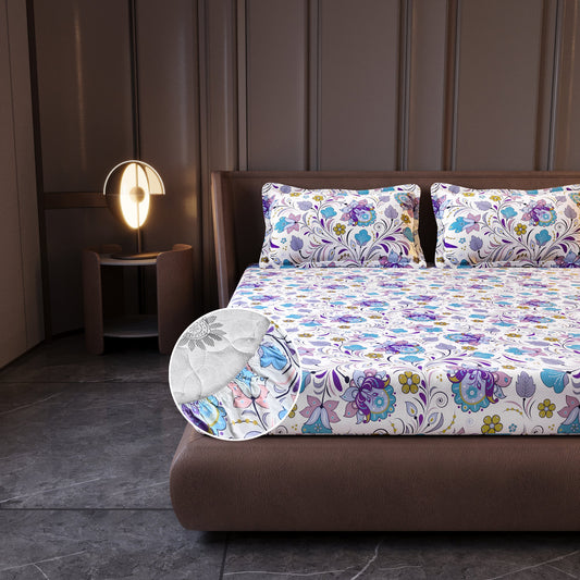 Purple Blue Floral Cotton Elastic Fitted King Bedsheet