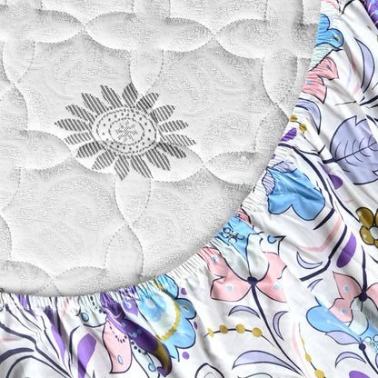 Purple Blue Floral Cotton Elastic Fitted King Bedsheet