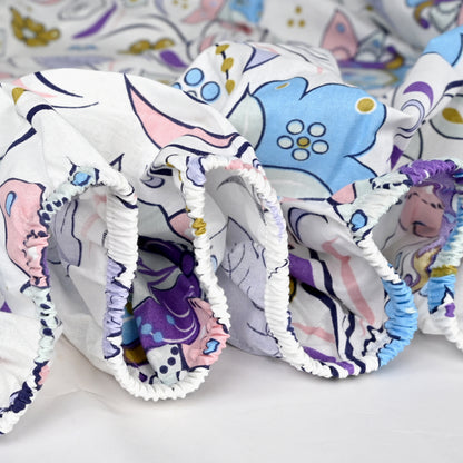 Purple Blue Floral Cotton Elastic Fitted King Bedsheet