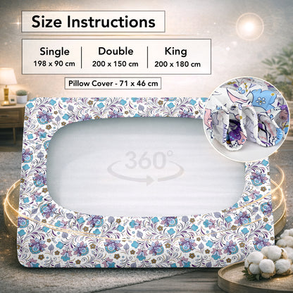 Purple Blue Floral Cotton Elastic Fitted King Bedsheet