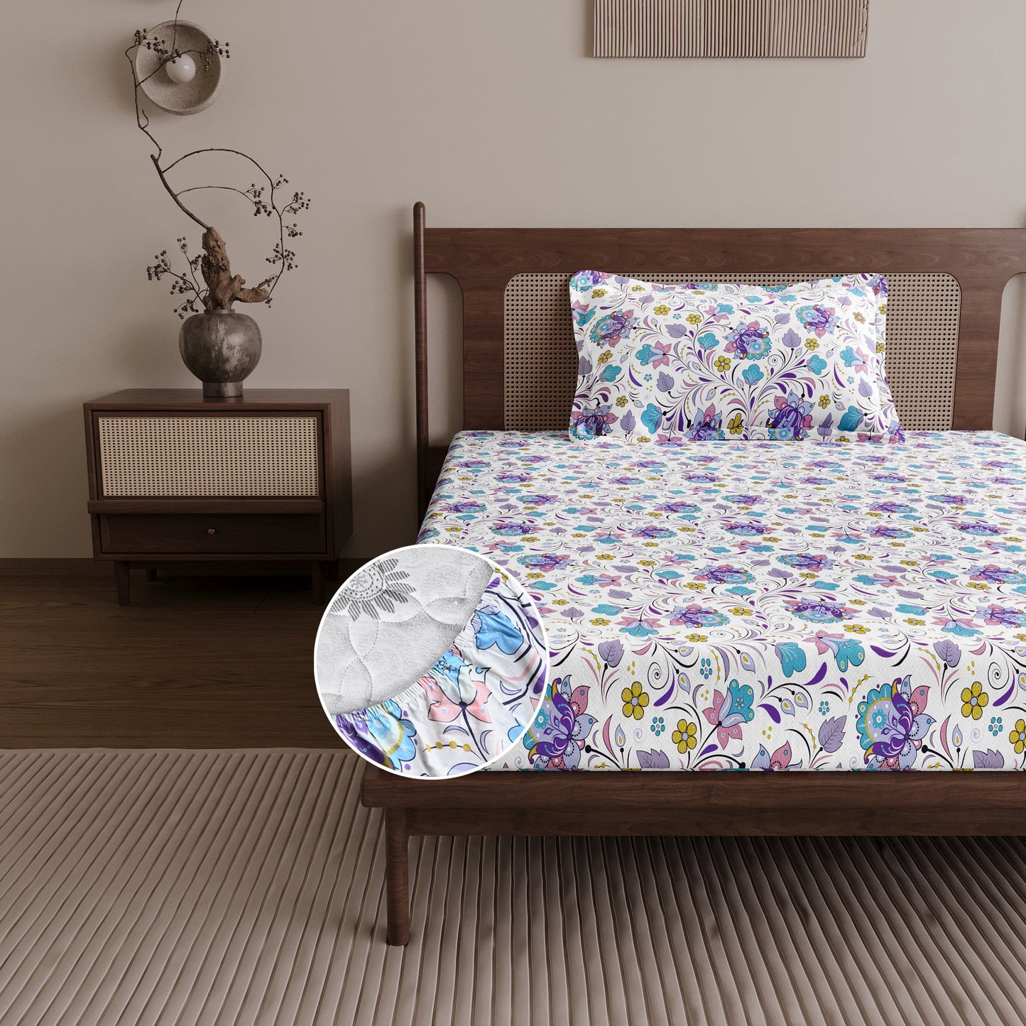 Purple Blue Floral Cotton Elastic Fitted Single Bedsheet