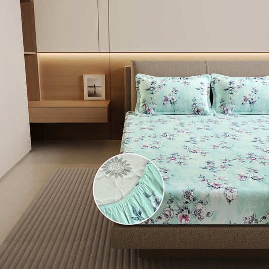 Mint Green Floral Cotton Elastic Fitted Double Bedsheet