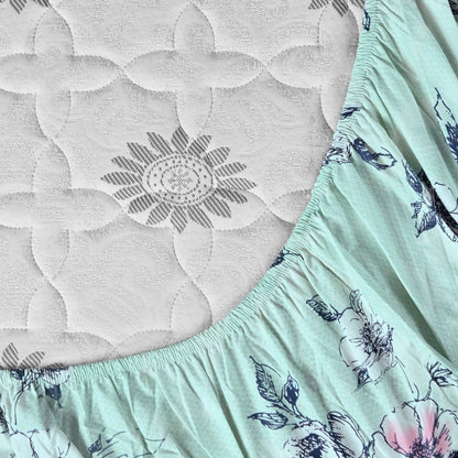 Mint Green Floral Cotton Elastic Fitted Double Bedsheet