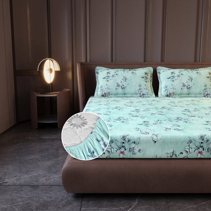 Mint Green Floral Cotton Elastic Fitted King Bedsheet