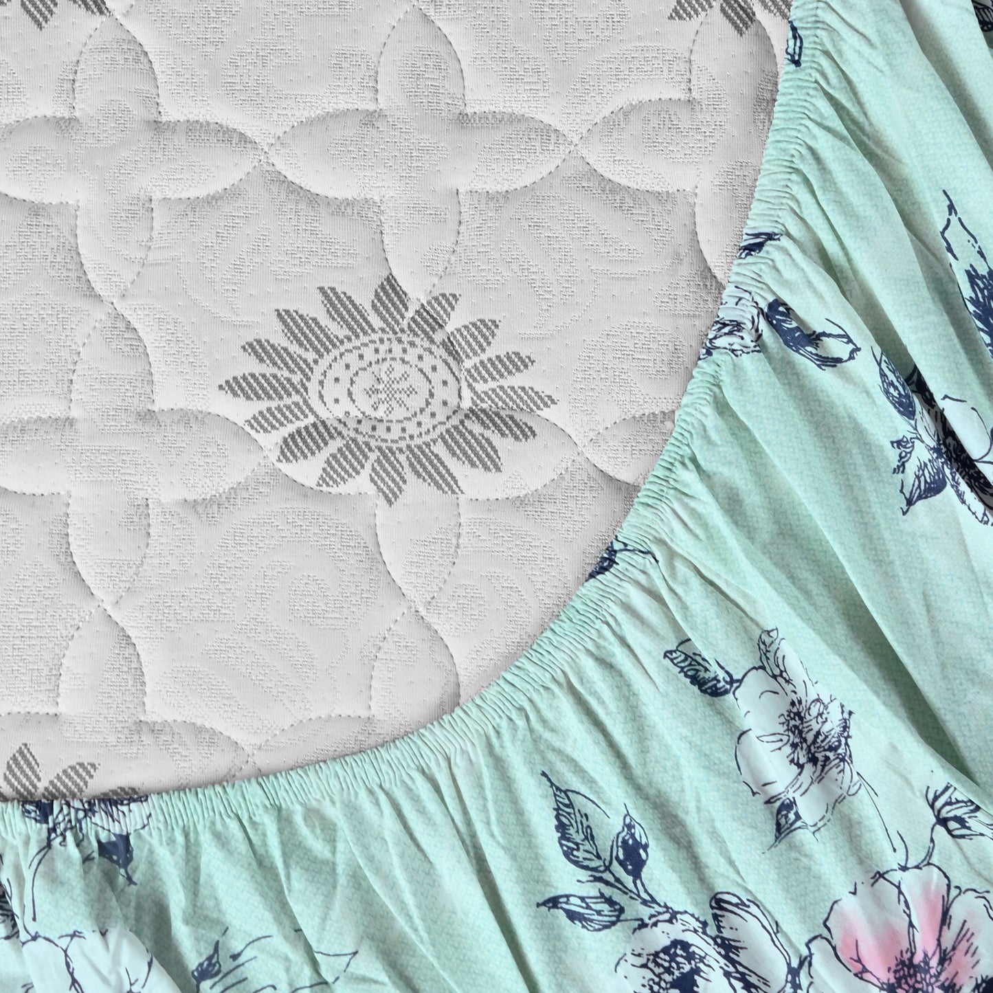 Mint Green Floral Cotton Elastic Fitted King Bedsheet