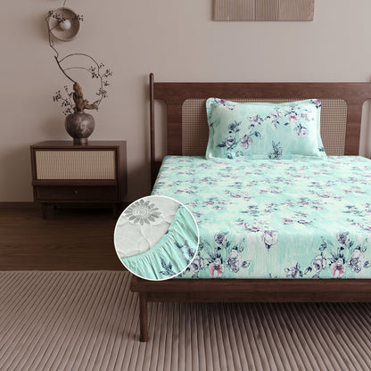 Mint Green Floral Cotton Elastic Fitted Single Bedsheet