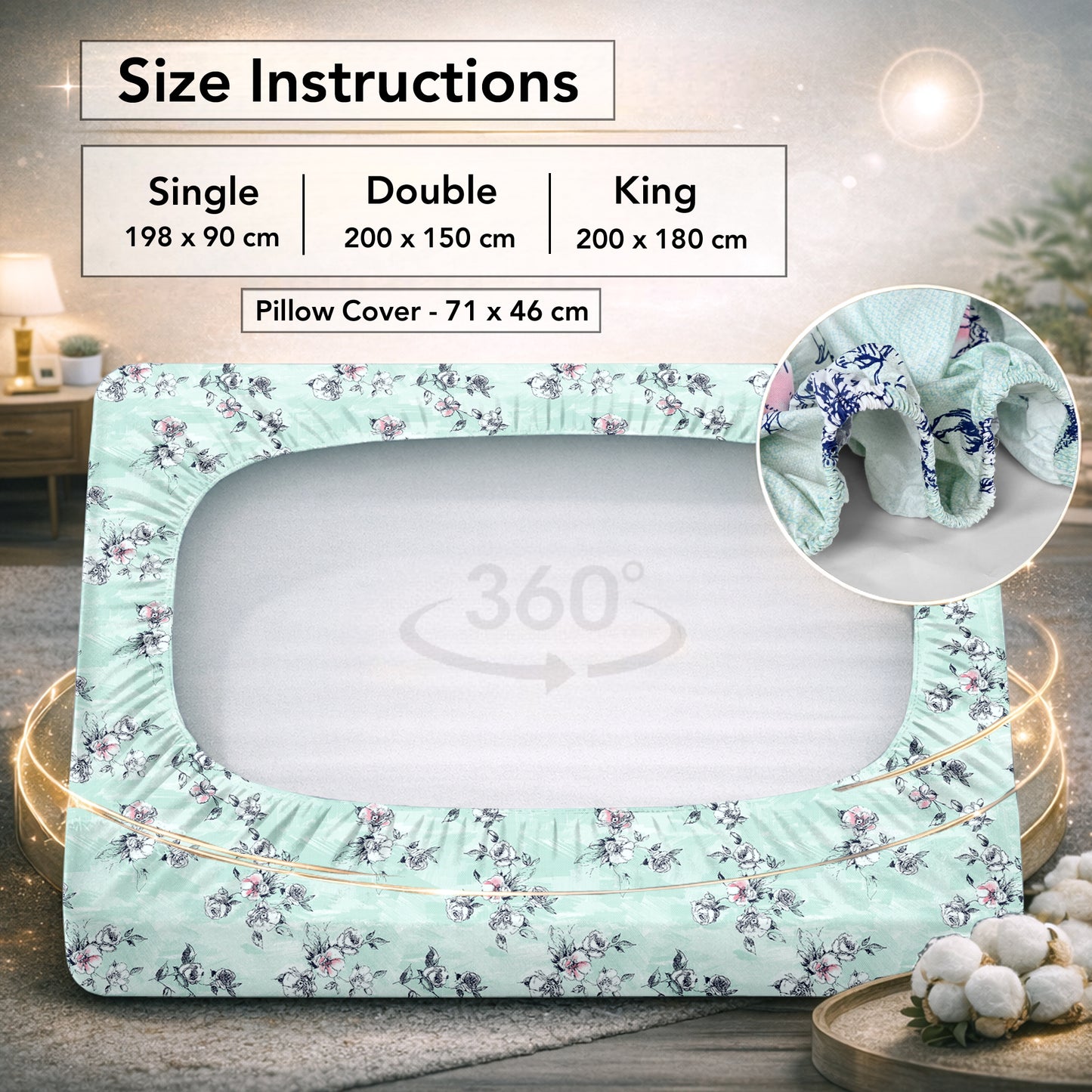Mint Green Floral Cotton Elastic Fitted Single Bedsheet
