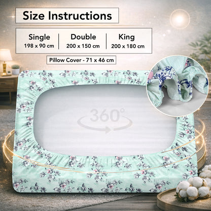 Mint Green Floral Cotton Elastic Fitted Single Bedsheet
