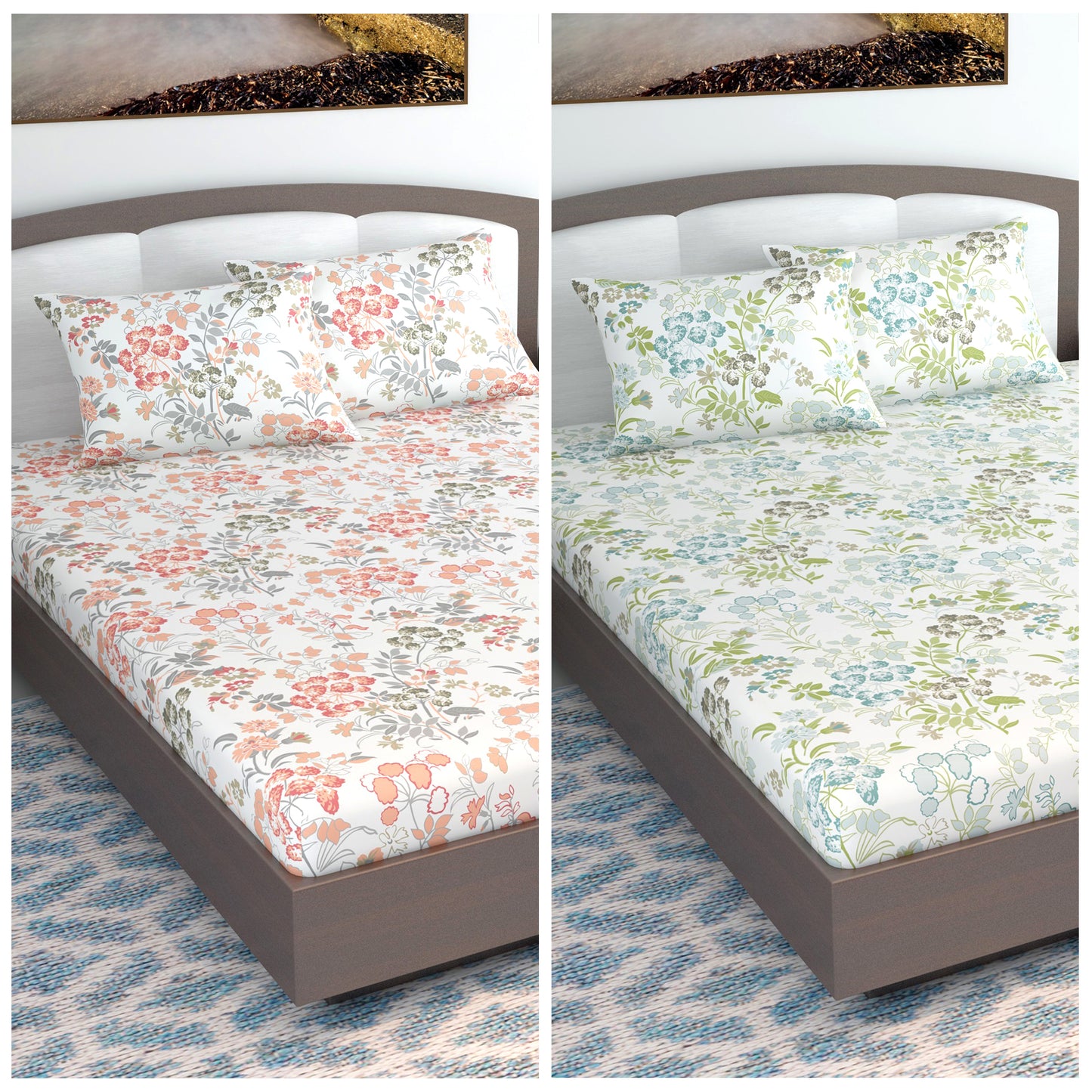 Vintage Floral Peach and Green Set of 2 Combo Bedsheet for King Size Bed