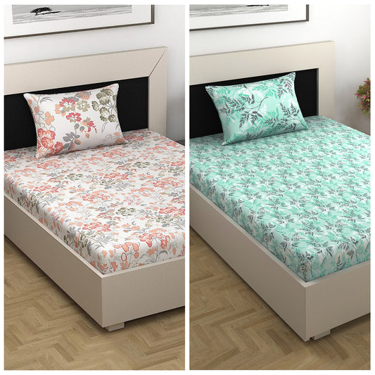 Peach and Green Floral Print Combo Bedsheet for Single Bed