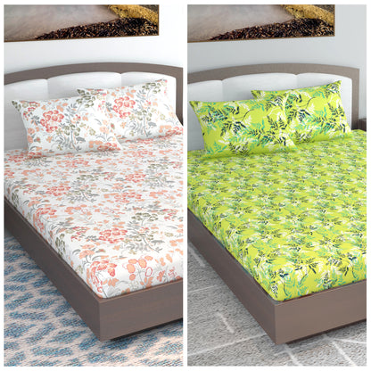 Green and Peach Floral Print Set of 2 Combo Bedsheet for King Size Bed