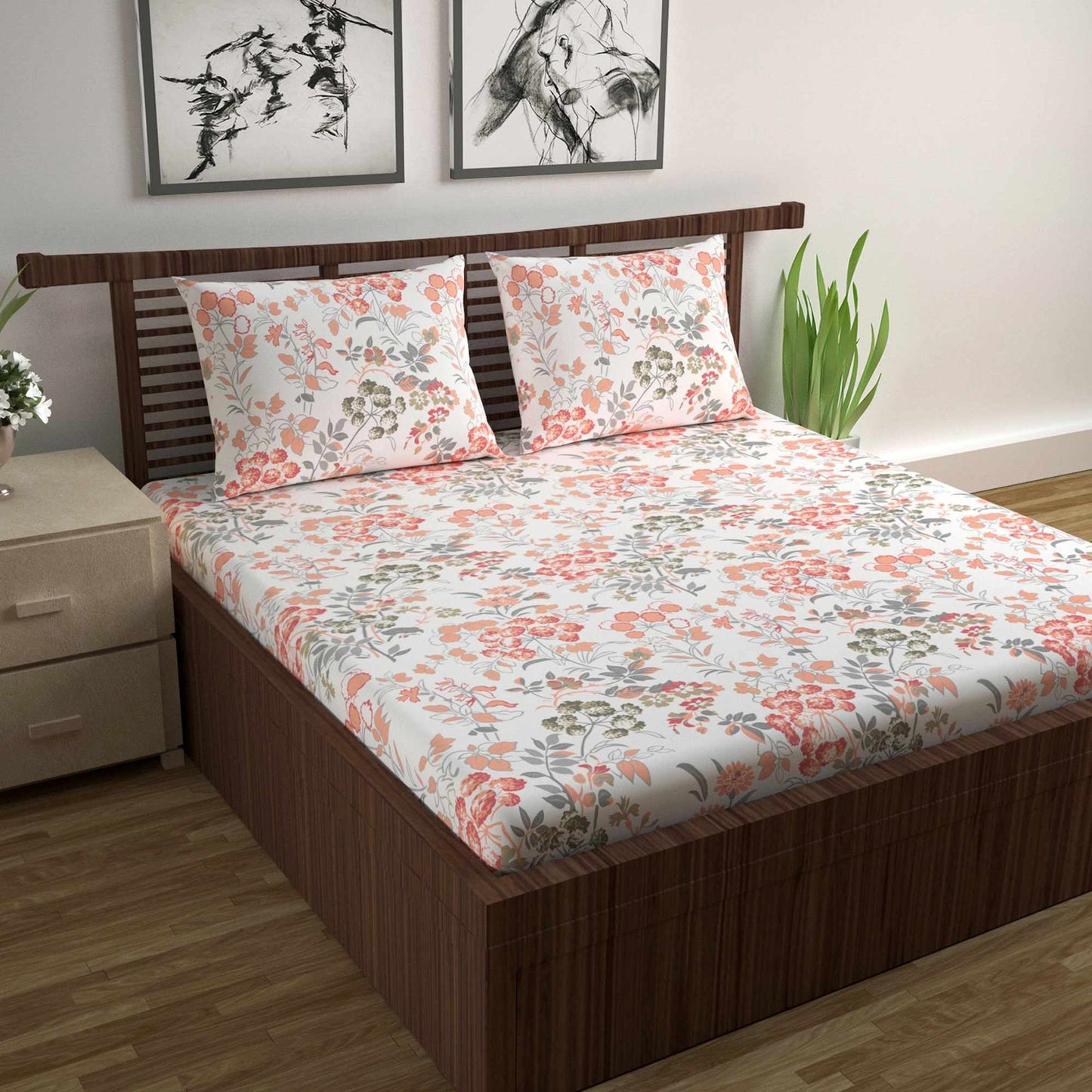 Vintage Floral 100% Cotton Bedsheet for Double Bed- Peach