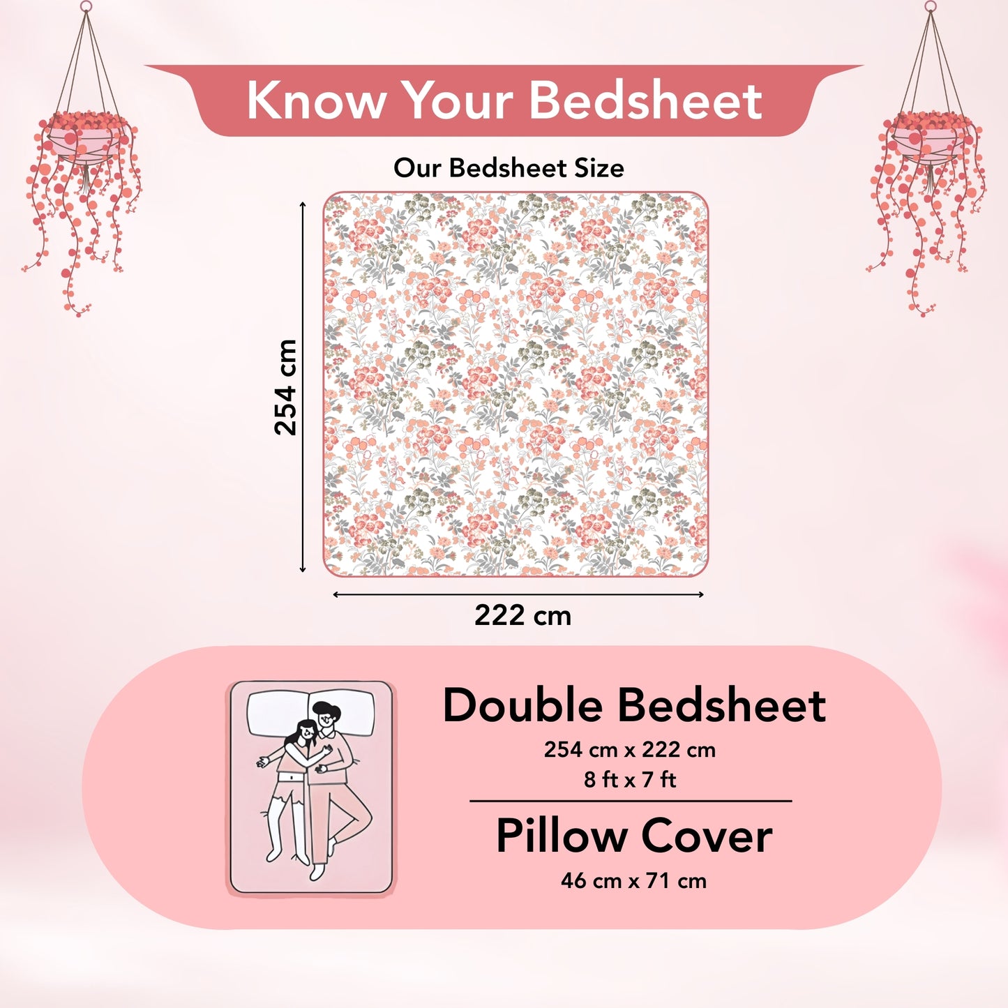 Vintage Floral 100% Cotton Bedsheet for Double Bed- Peach