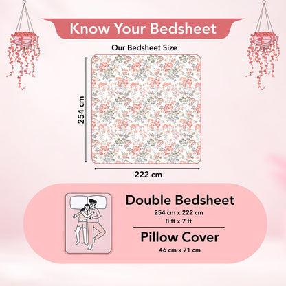 Vintage Floral 100% Cotton Bedsheet for Double Bed- Peach