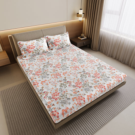 Vintage Floral 100% Cotton Bedsheet for Double Bed- Peach