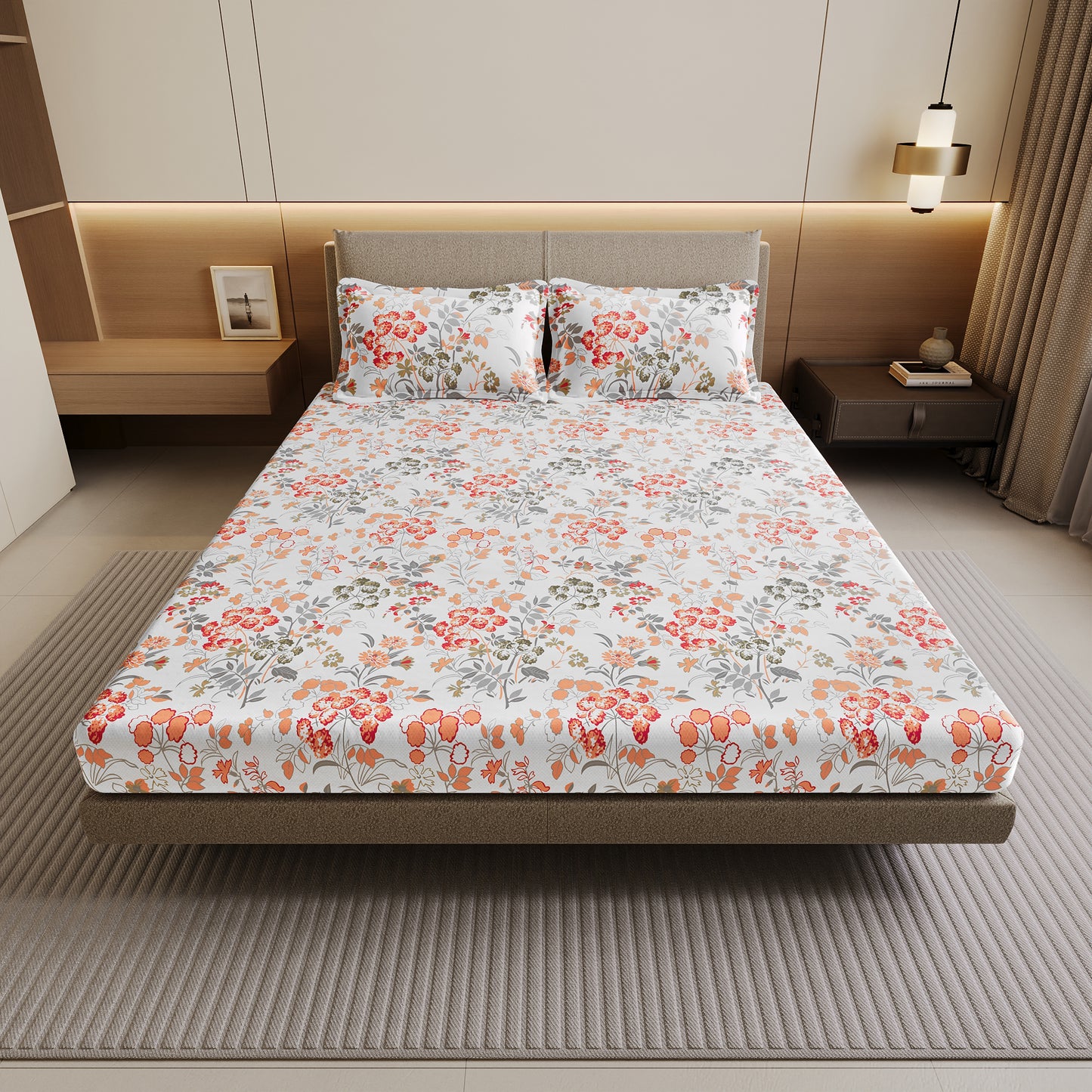 Vintage Floral 100% Cotton Bedsheet for Double Bed- Peach