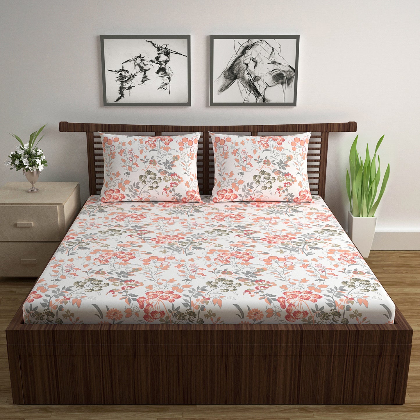 Vintage Floral 100% Cotton Bedsheet for Double Bed- Peach
