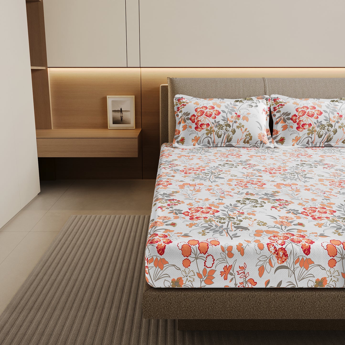 Vintage Floral 100% Cotton Bedsheet for Double Bed- Peach