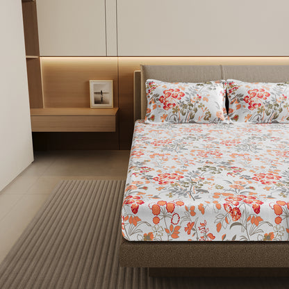 Vintage Floral 100% Cotton Bedsheet for Double Bed- Peach