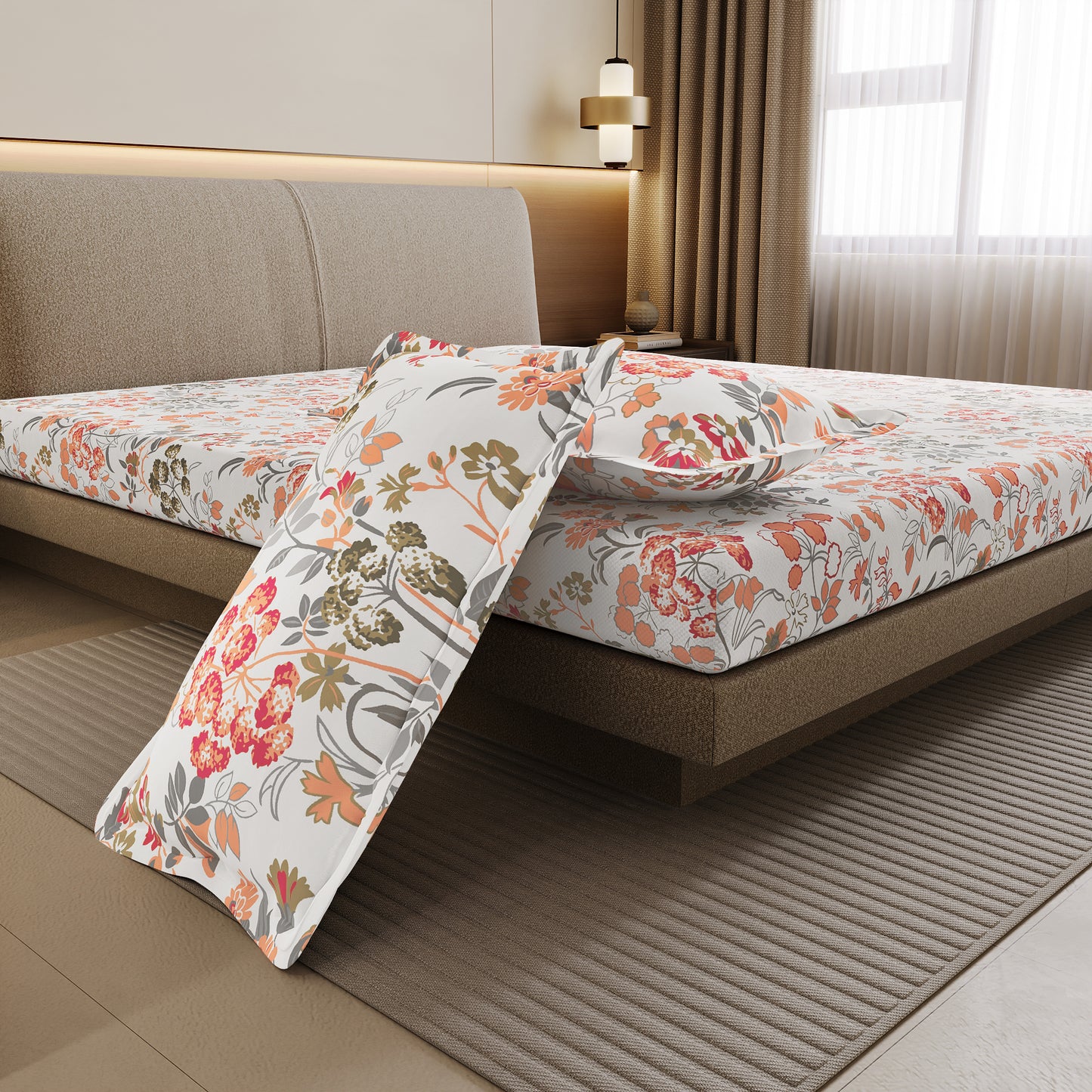 Vintage Floral 100% Cotton Bedsheet for Double Bed- Peach