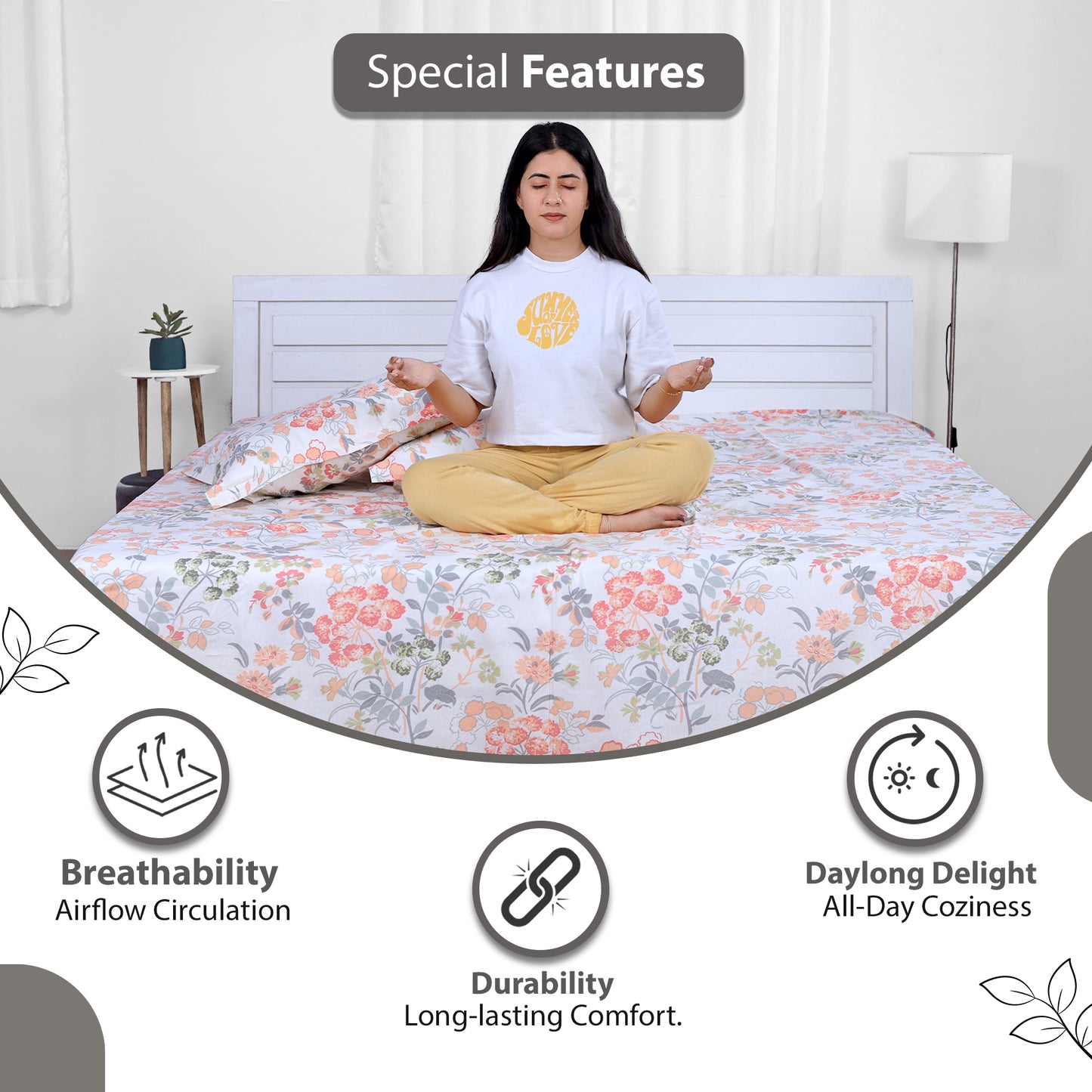 Vintage Floral 100% Cotton Bedsheet for King Size Bed- Peach