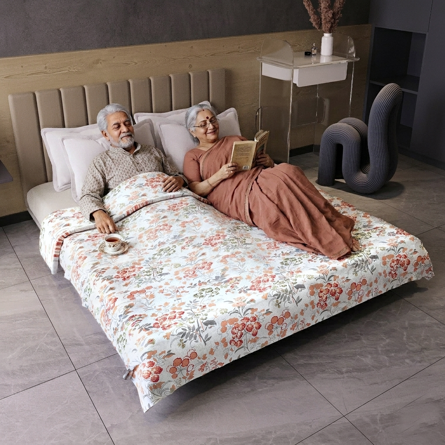 Vintage Floral Peach and White 144 TC 100% Cotton All Season AC Dohar for Double Bed