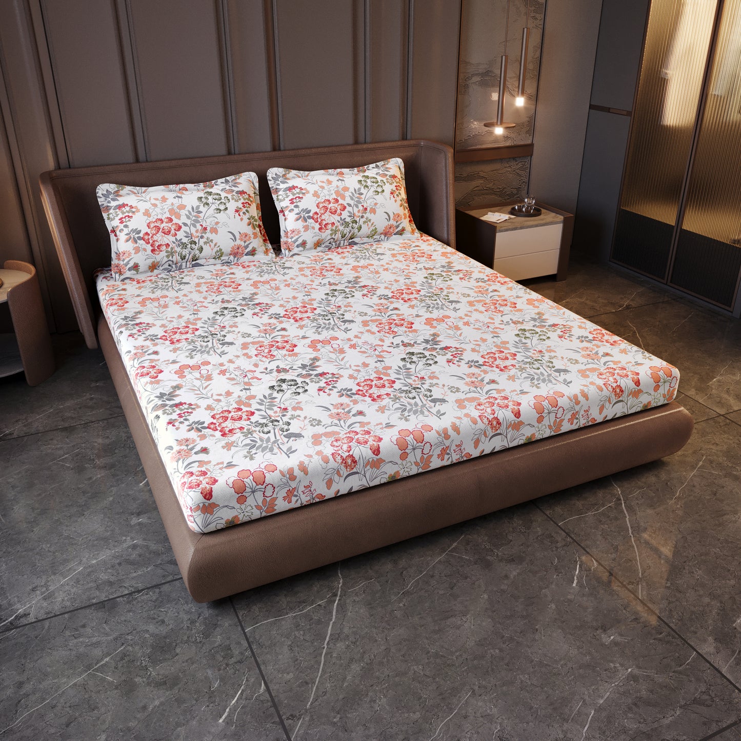 Vintage Floral 100% Cotton Bedsheet for King Size Bed- Peach
